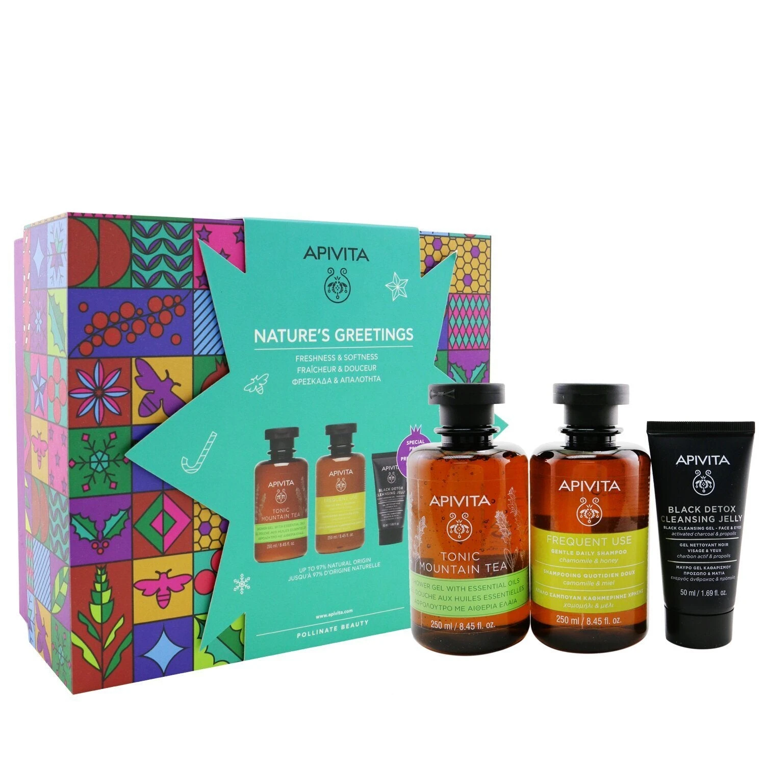 Apivita Nature's Greetings Set: Tonic Mountain Tea Shower Gel 250ml+ Gentle Daily Shampoo 250ml+ Black Cleansing Gel 50ml (Exp. Date: 05/2023) 3pcs 2 Apivita Nature's Greetings Set: Tonic Mountain Tea Shower Gel 250ml+ Gentle Daily Shampoo 250ml+ Black Cleansing Gel 50ml (Exp. Date: 05/2023) 3pcs - Image 2